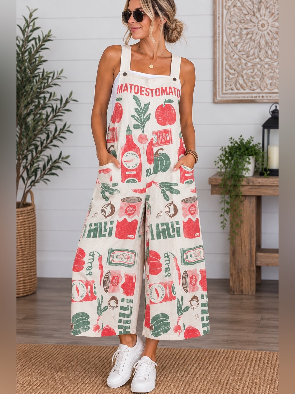 Evergreen Guardian Cream Tomato-Print Wide Leg Jumpsuit Overalls
